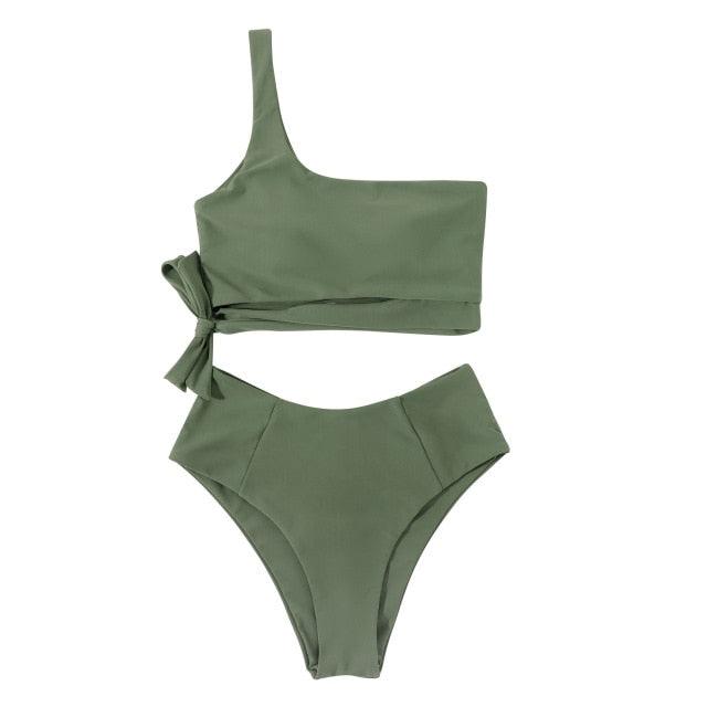 Women Swimsuit Bikini One Shoulder Top High Waist Bottom