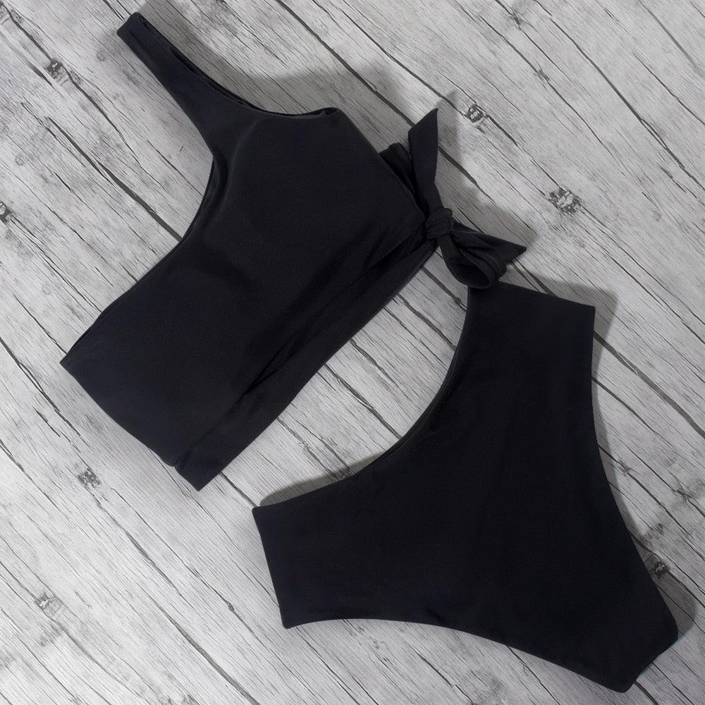 Women Swimsuit Bikini One Shoulder Top High Waist Bottom