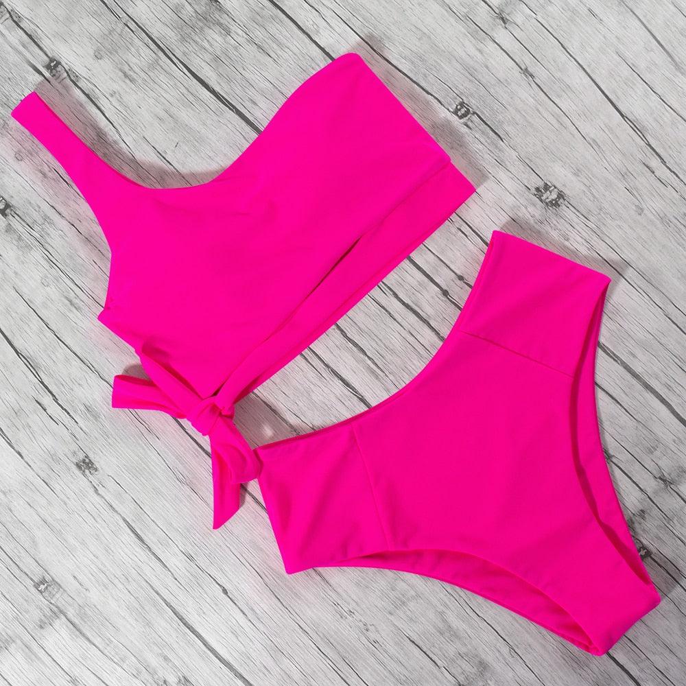 Women Swimsuit Bikini One Shoulder Top High Waist Bottom