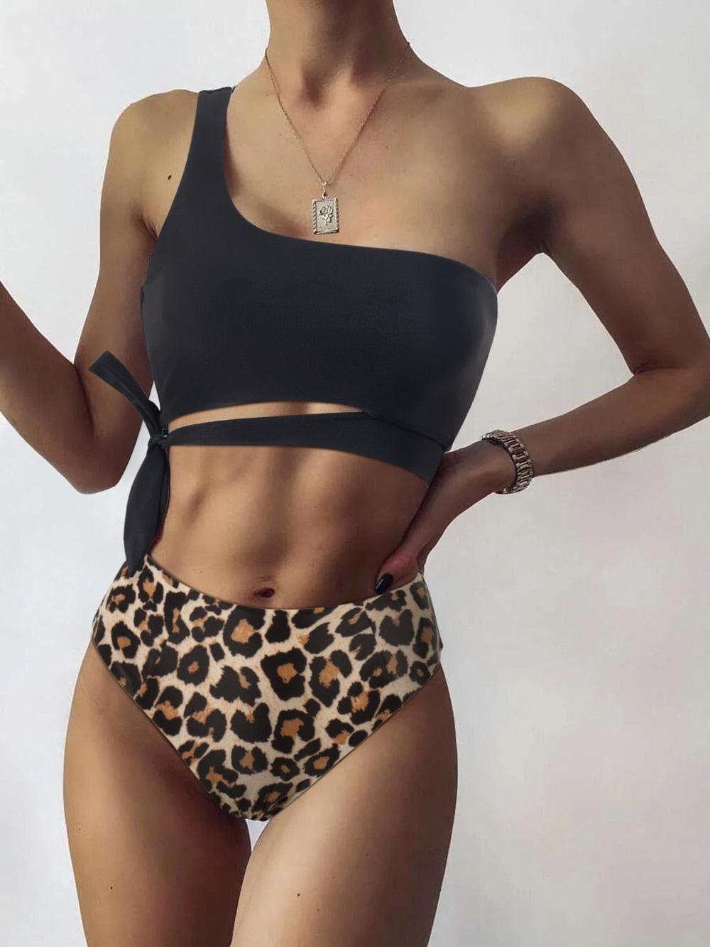 Women Swimsuit Bikini One Shoulder Top High Waist Bottom