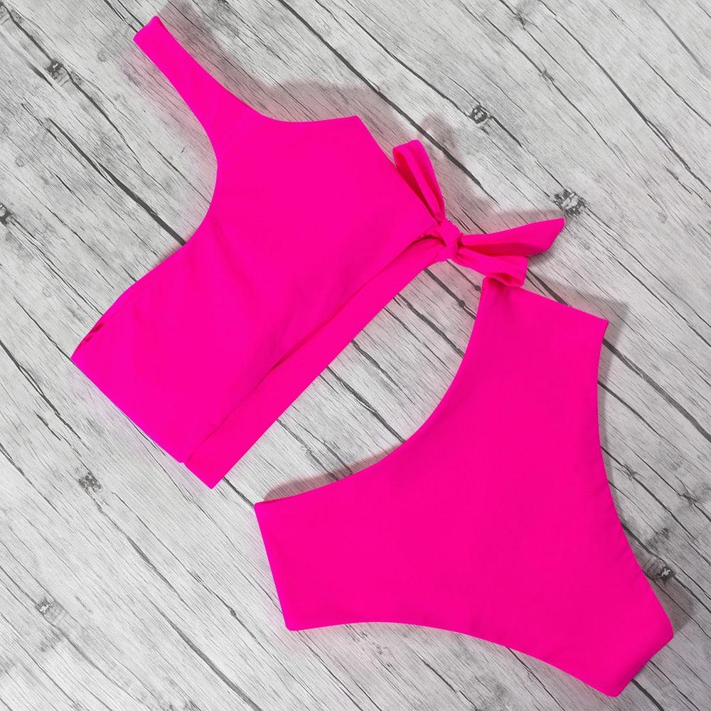 Women Swimsuit Bikini One Shoulder Top High Waist Bottom