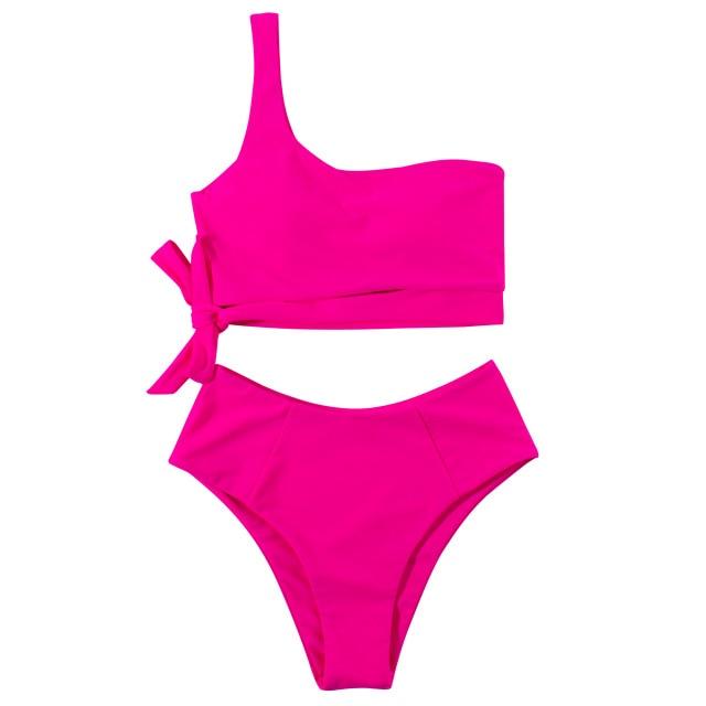 Women Swimsuit Bikini One Shoulder Top High Waist Bottom