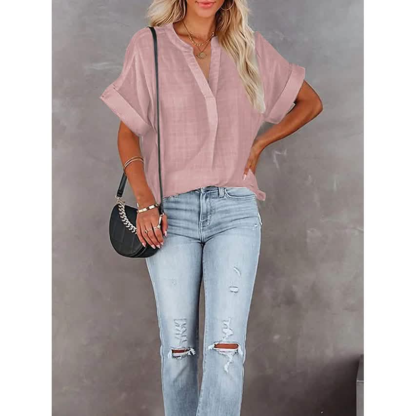 Women's V-Neck Loose Shirt Short Sleeve Top