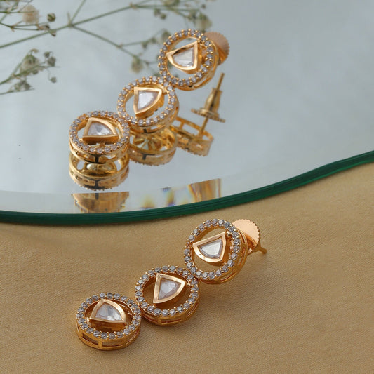 3 Tier Round Diamond and Kundan Earrings (Gold) - Ruby Raang