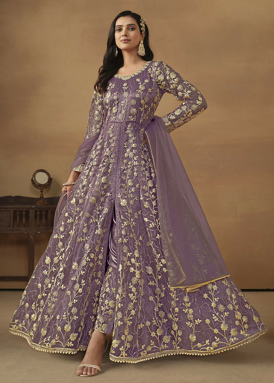 Pant Style Purple Embroidered Net Wedding Anarkali Suit - Emponline