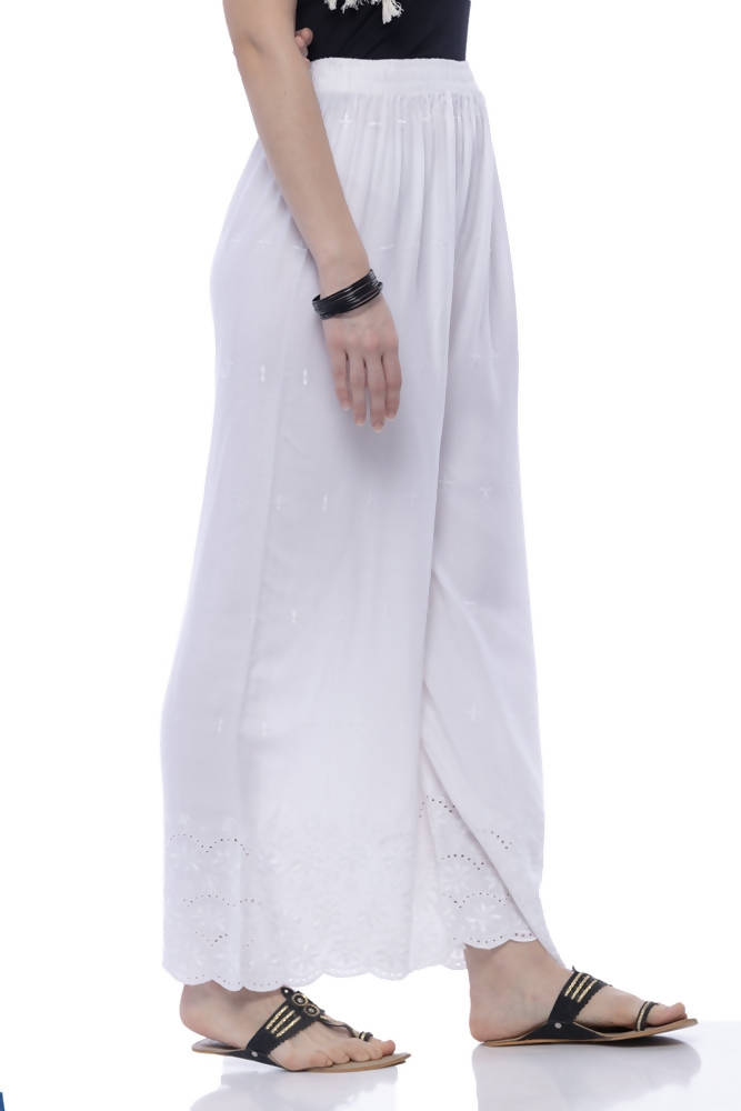 Mominos Fashion Rayon Cotton White Embroidery Chikan Palazzo