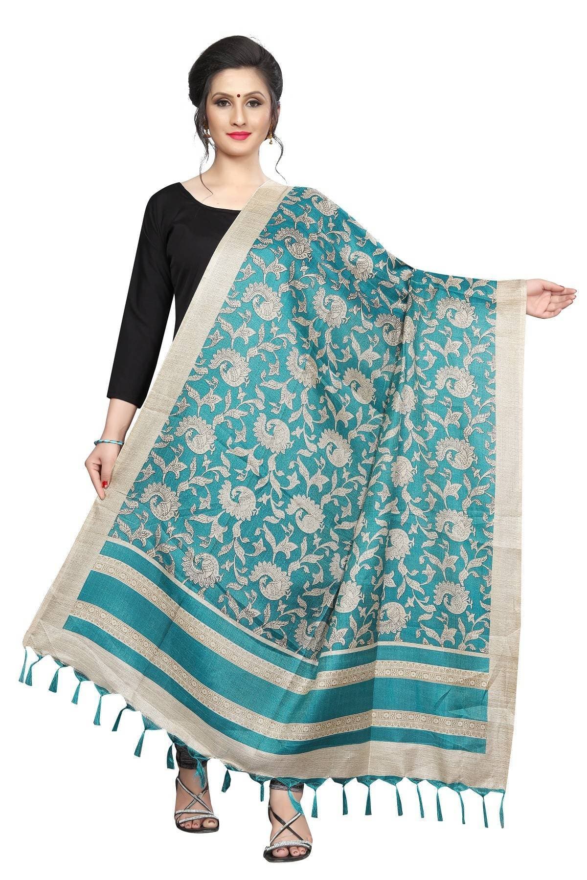 Vamika Rama Green Designed Printed Khadi Bhagalpuri Dupatta