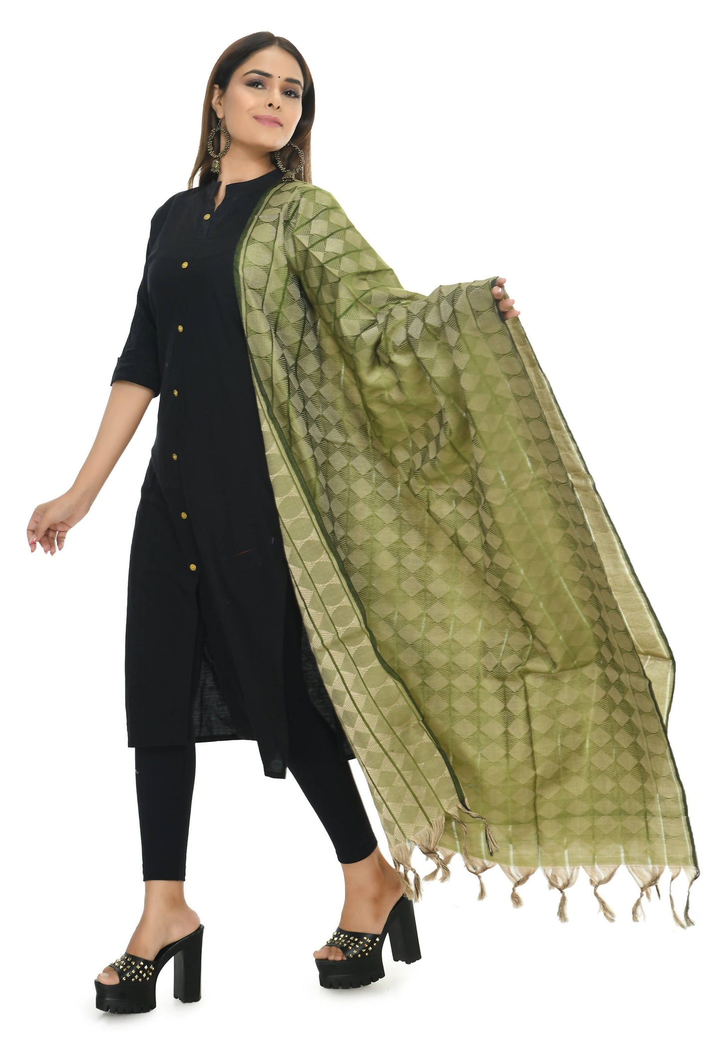 Mominos Fashion Moeza Handloom Cotton Mehendi Green Dupatta
