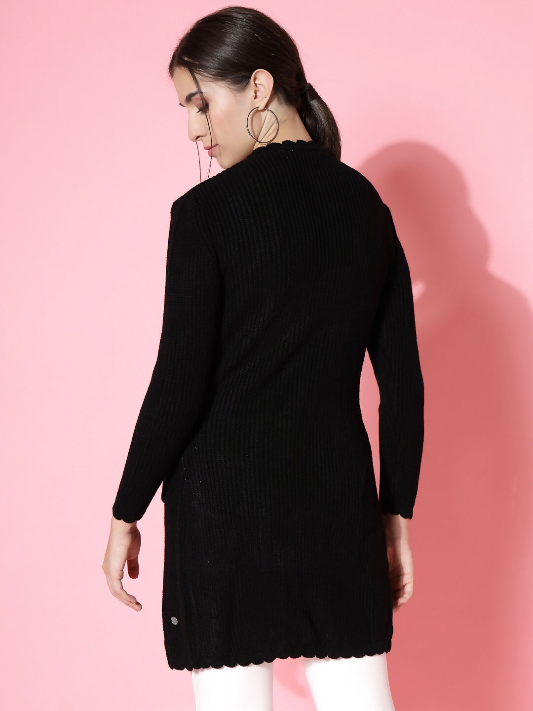 Women Self Design Long Black Acrylic Winter Shrug - Wool Trees