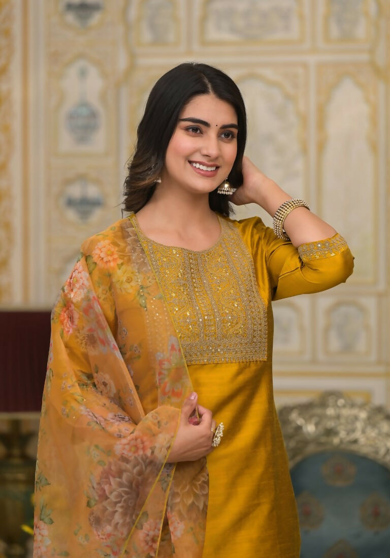 Partywear Designer Musted Yellow Poly Silk fabric Stitched Suit With Dupatta - Tanisha
