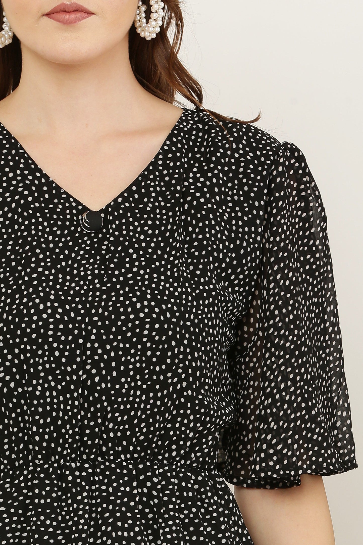 PAVONINE Micro Dots V-Neck Georgette Fabric Black Dress For Women