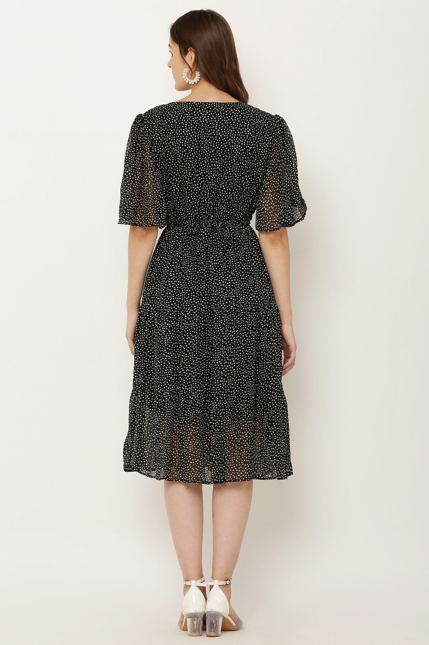 PAVONINE Micro Dots V-Neck Georgette Fabric Black Dress For Women
