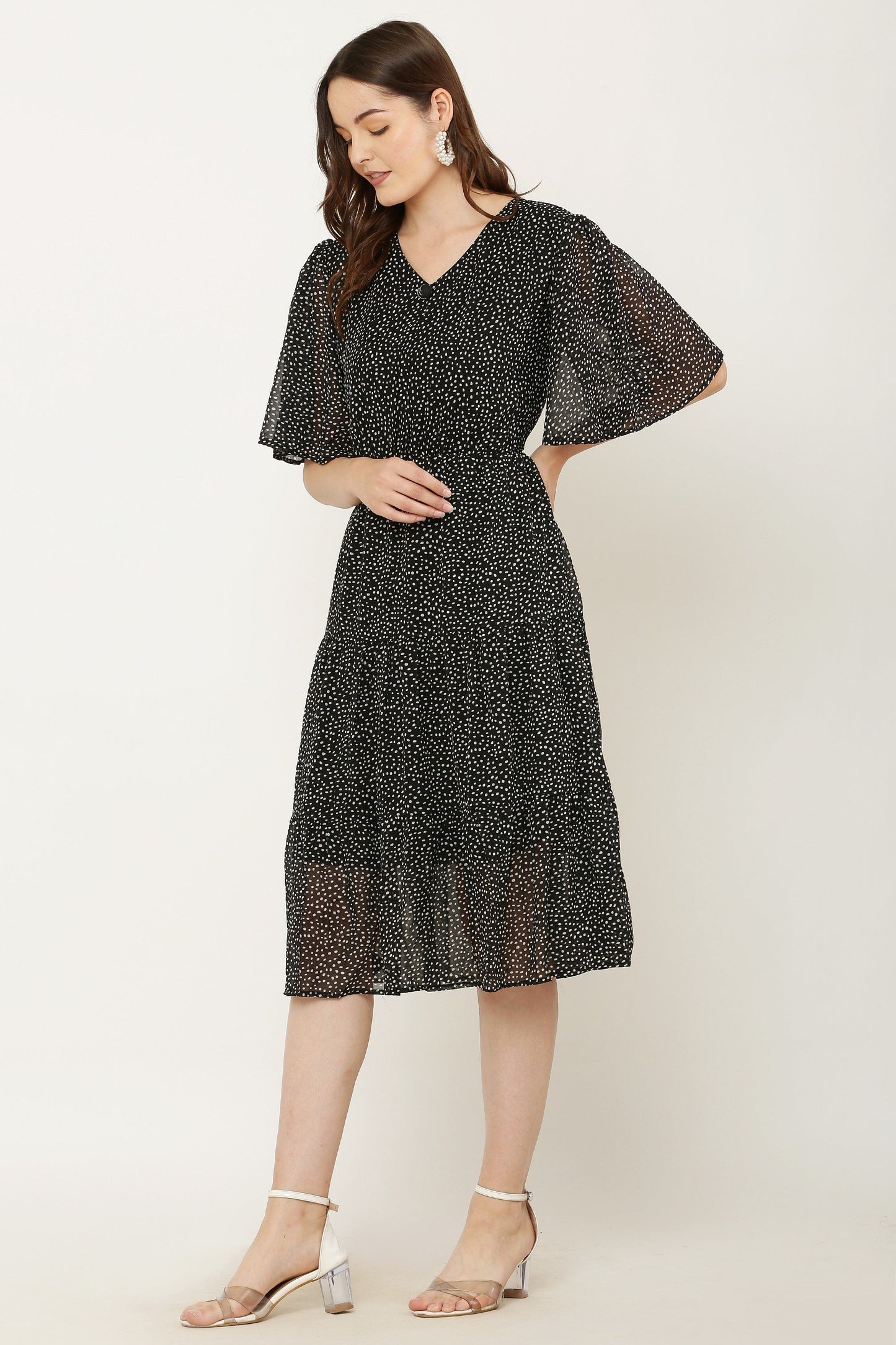 PAVONINE Micro Dots V-Neck Georgette Fabric Black Dress For Women