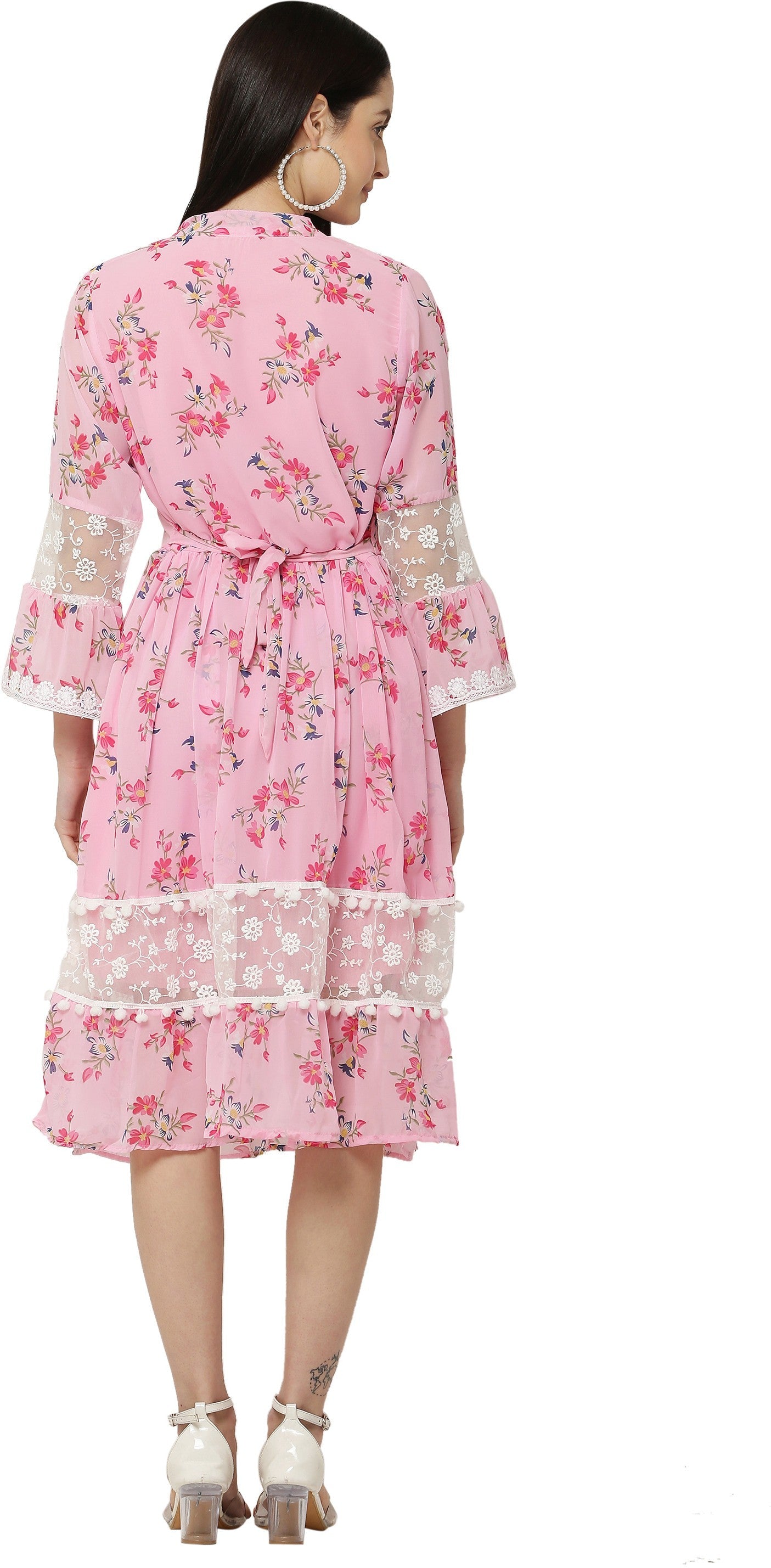 PAVONINE Pink Color Flower Printed Lace Bottom Dress For Girls & Women