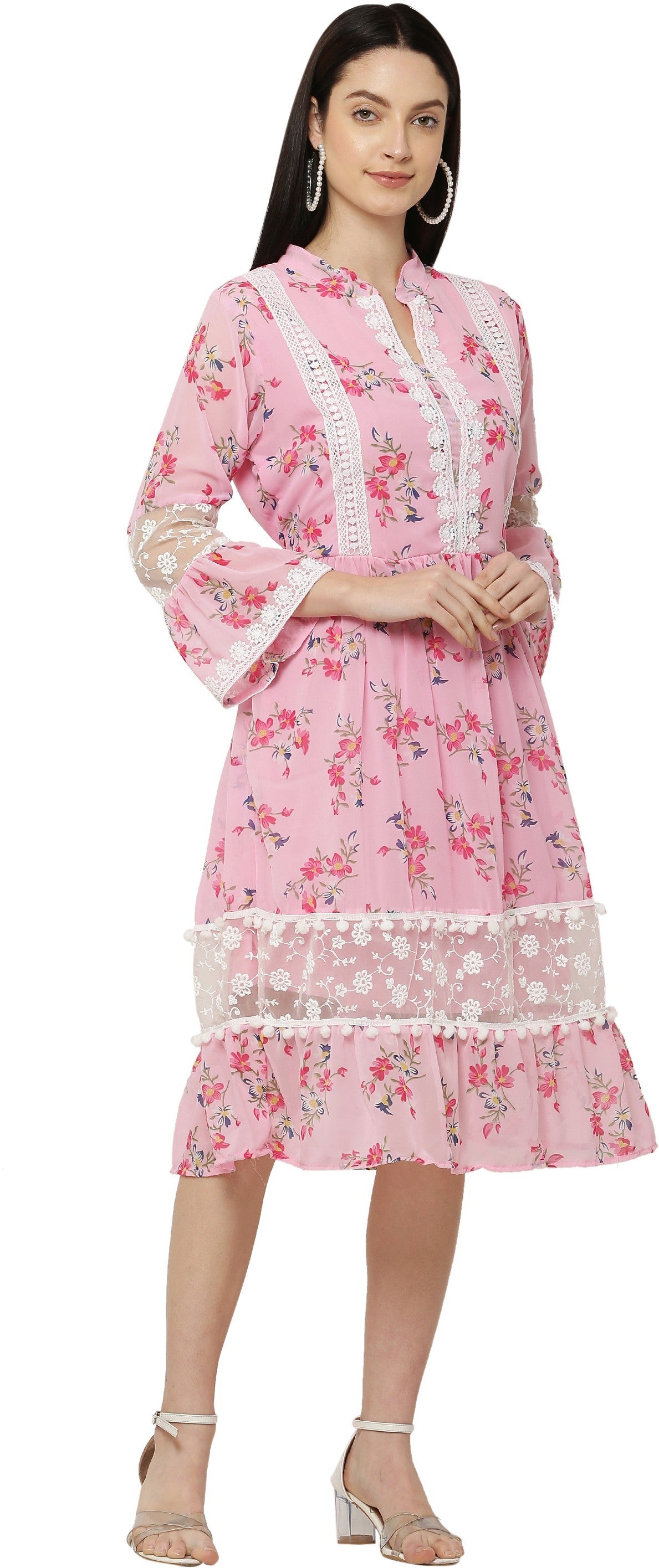 PAVONINE Pink Color Flower Printed Lace Bottom Dress For Girls & Women