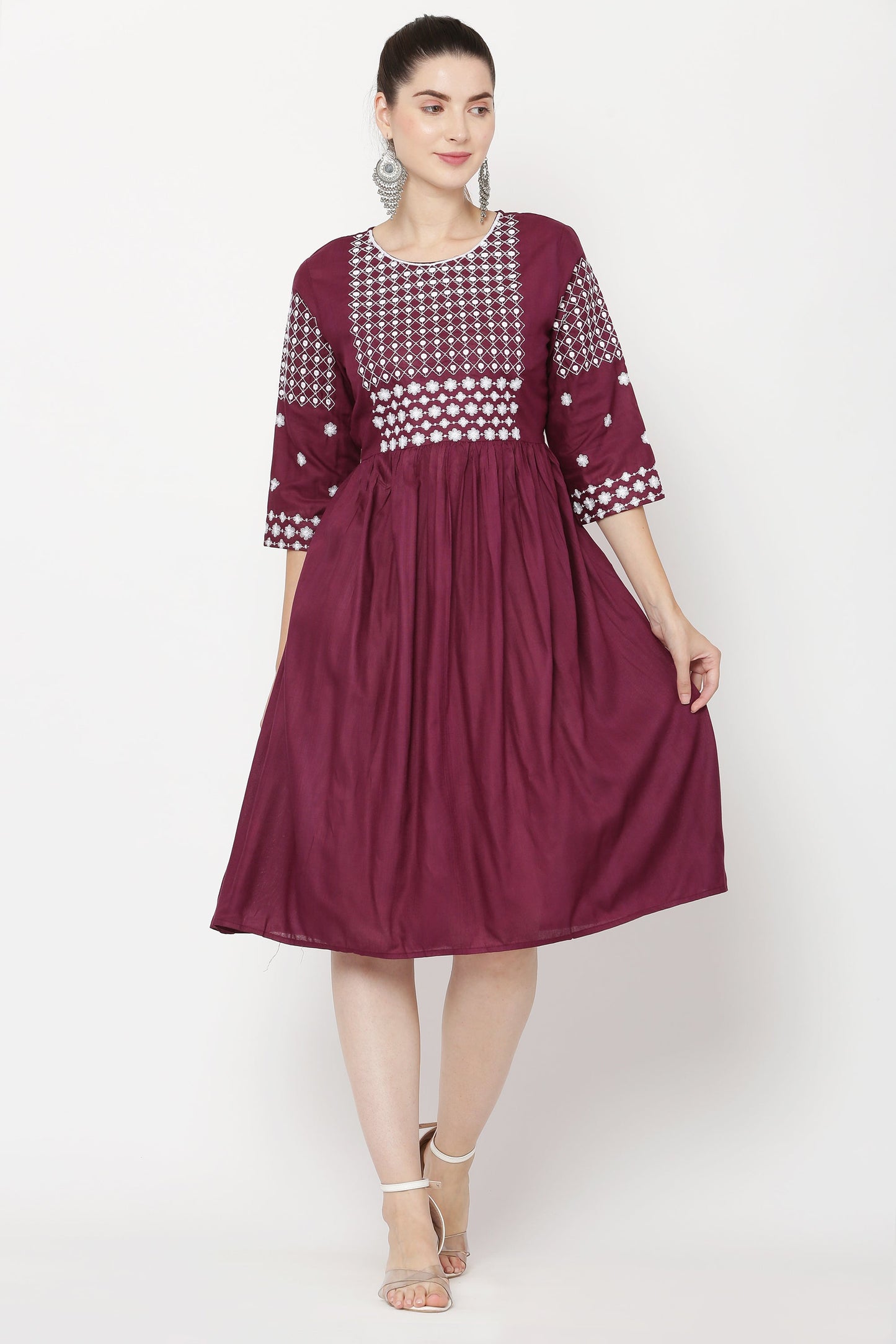 PAVONINE Wine Color Polka Dots Embroidery Dress For Women
