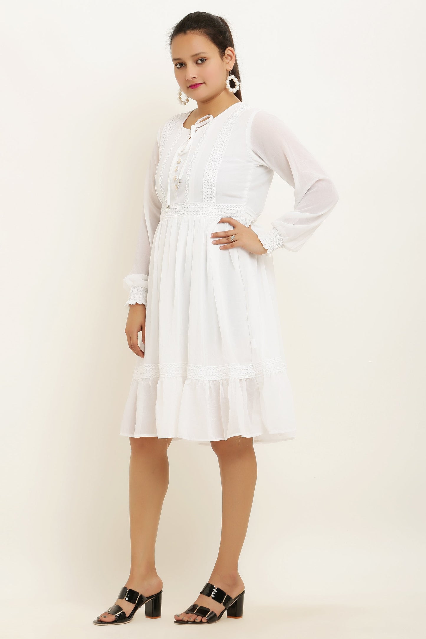 PAVONINE White Color Georgette Fabric Lace Inserts Midi For Girls