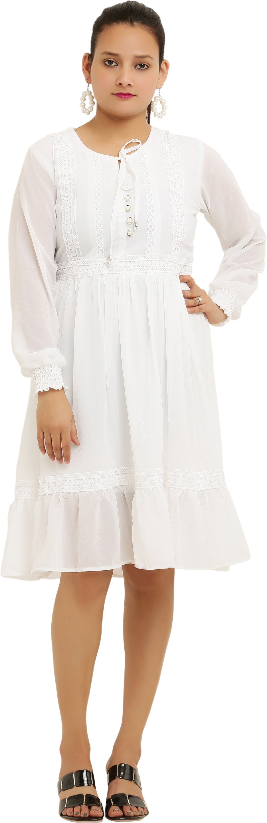 PAVONINE White Color Georgette Fabric Lace Inserts Midi For Girls