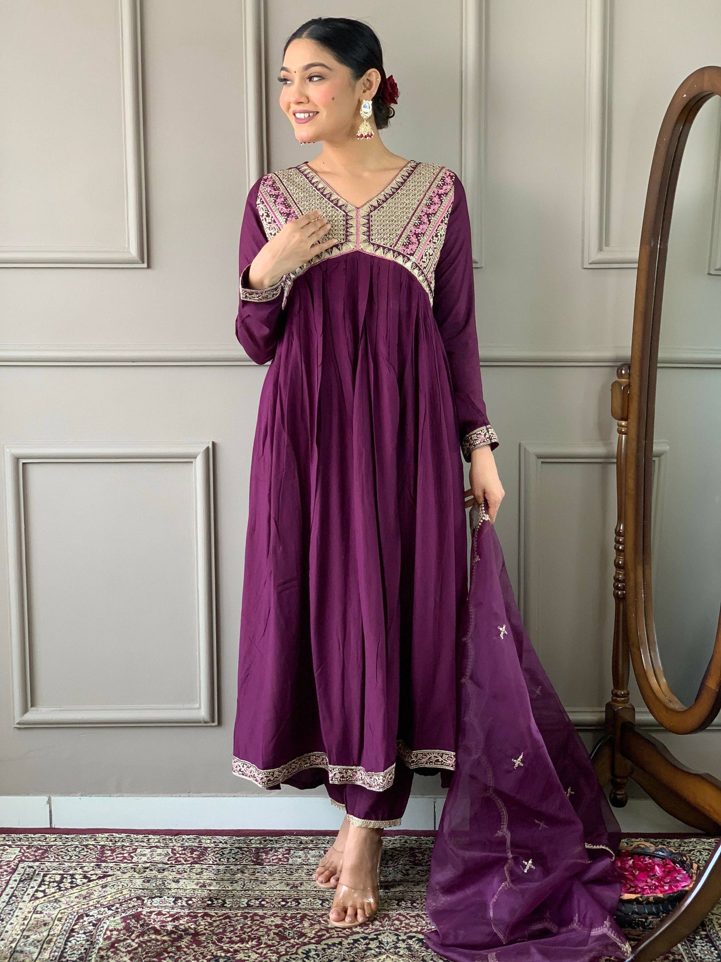 Partywear Designer Viscose Wine Stitched Suit With Dupatta - Tanisha