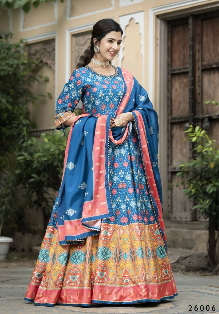 Wedding Designer Blue Soft Dola Silk Anarkali suit with Dupatta - Samanta
