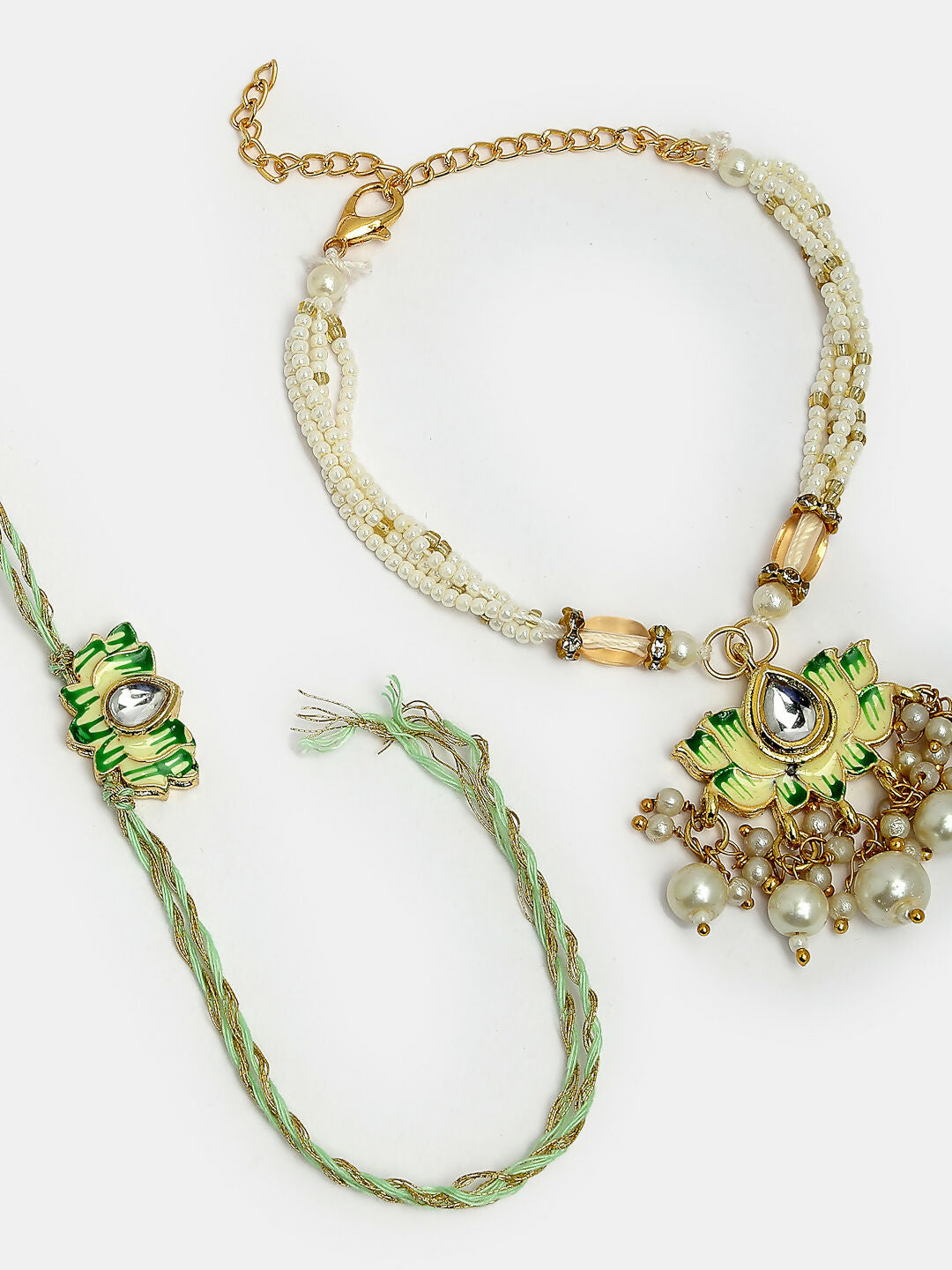 NVR Women & Men Set of 2 Green Lotus Shape Kundan-Studded & Beaded Handcrafted Wraparound Rakhi Set With Roli Chawal