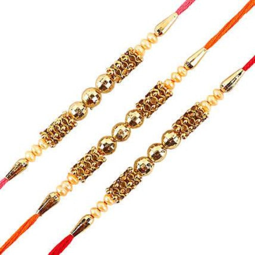 Set of 3 Traditional Pearl Rakhi and Kaju Rolls Box