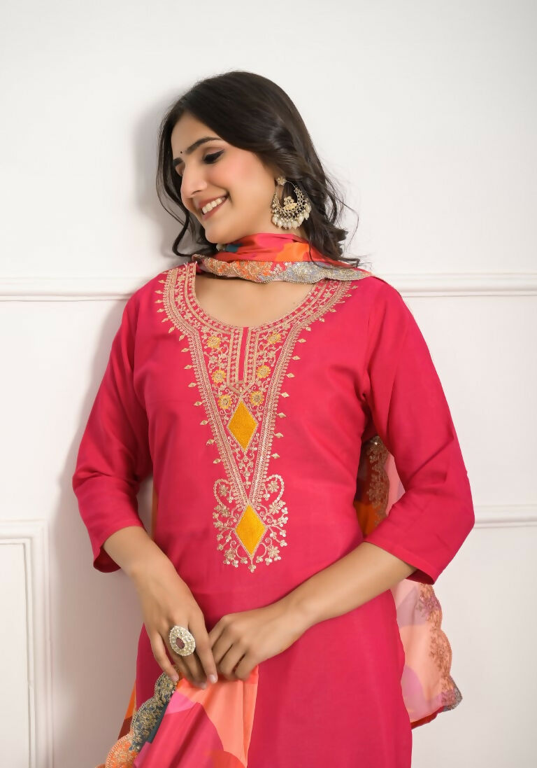 Festive Wear Ethnic Red silk viscose Stitched Suit With Dupatta - Tanisha