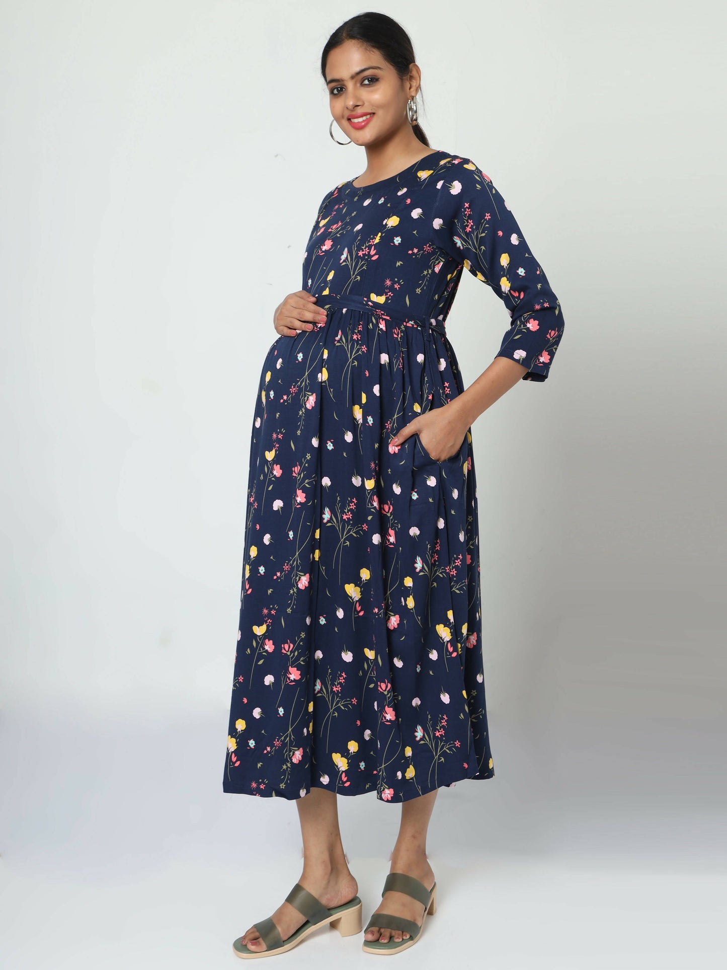 Manet Three Fourth Maternity Dress Floral Print With Concealed Zipper Nursing Access - Navy Blue
