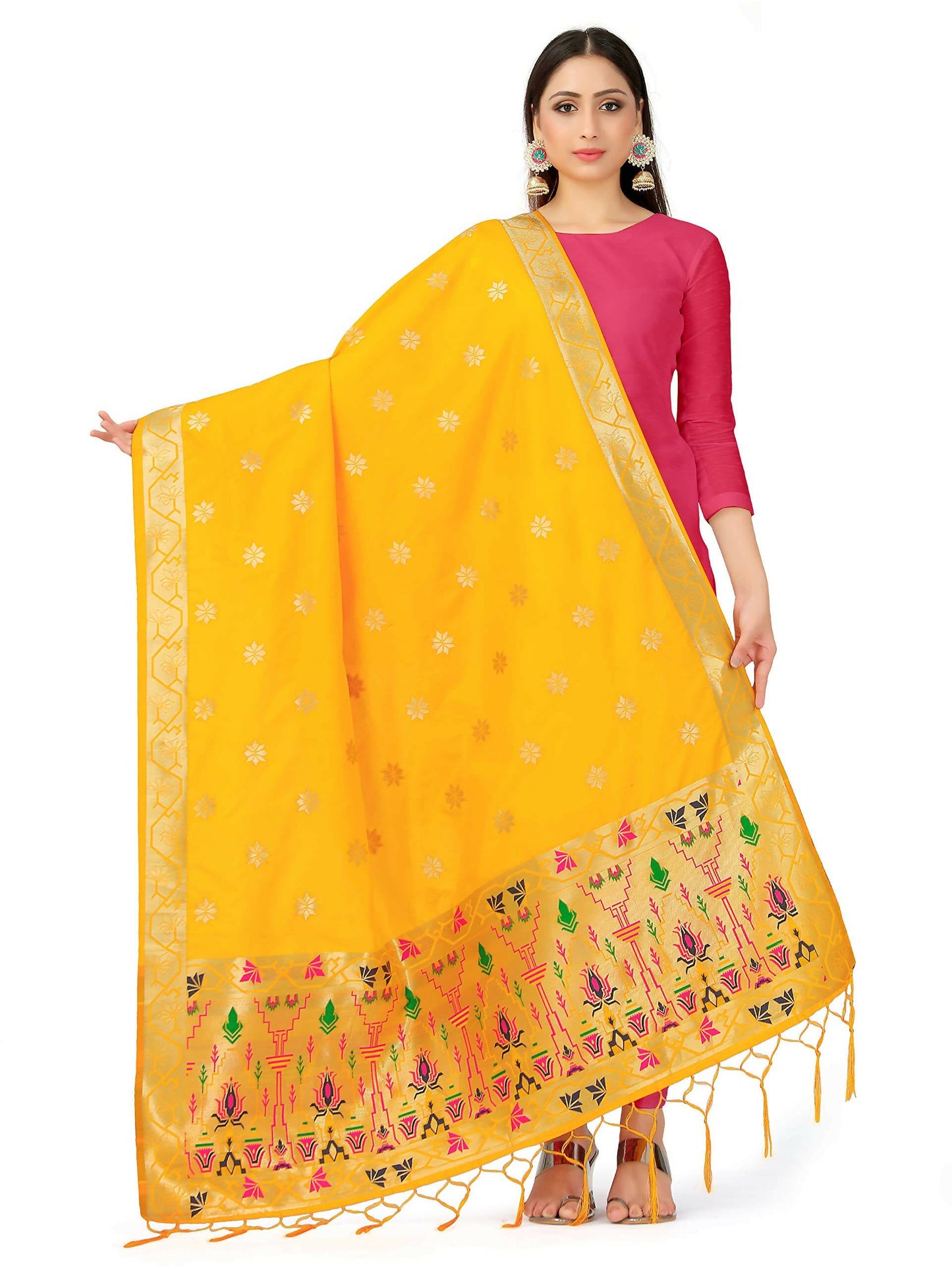Mimosa Women's Floral Art Silk Gold Dupatta