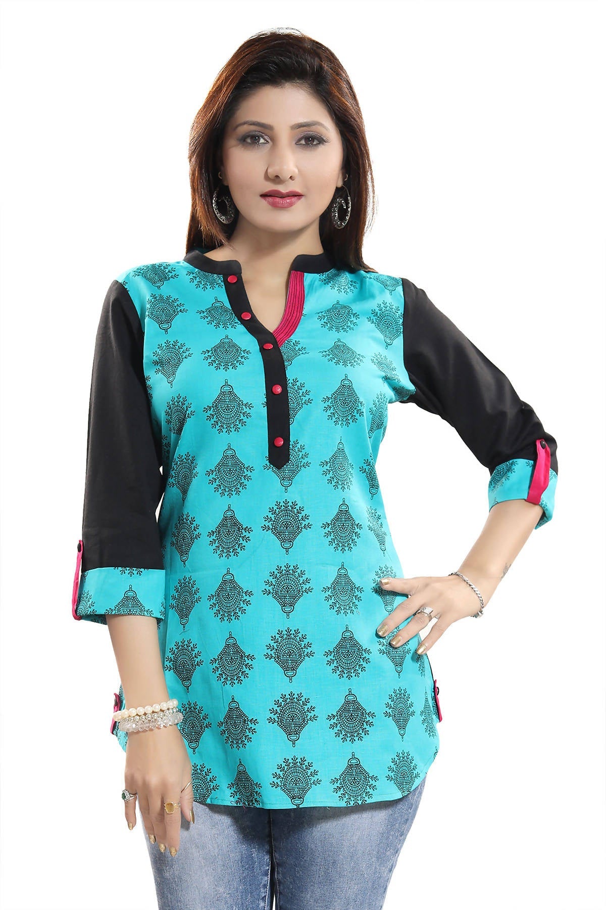 Snehal Creations Luscious Light Rama Cotton Printed Tunic Top With Roll On Sleeves
