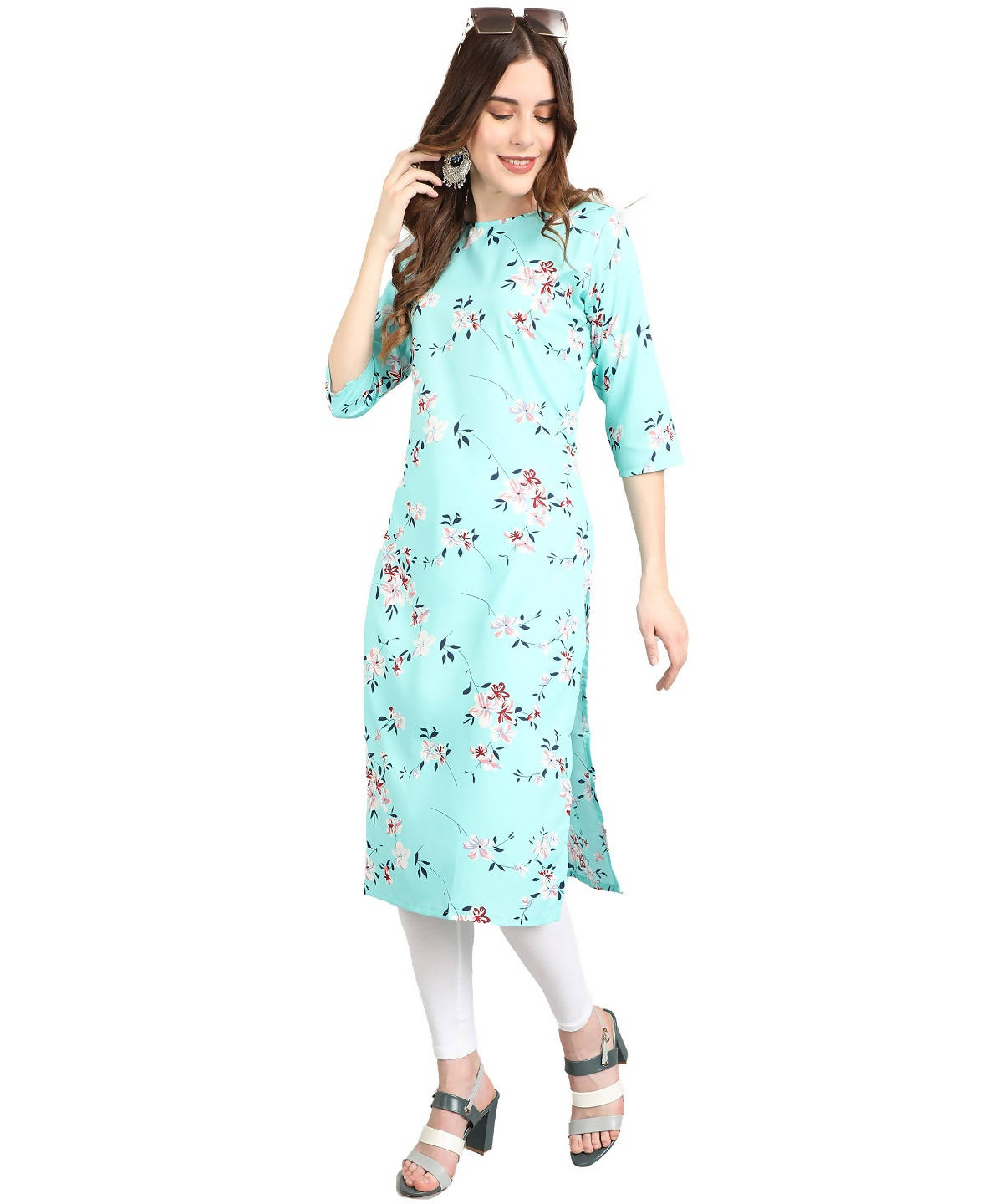 Vamika Sky Blue French Crepe Printed Party Wear/Casual Wear Kurti