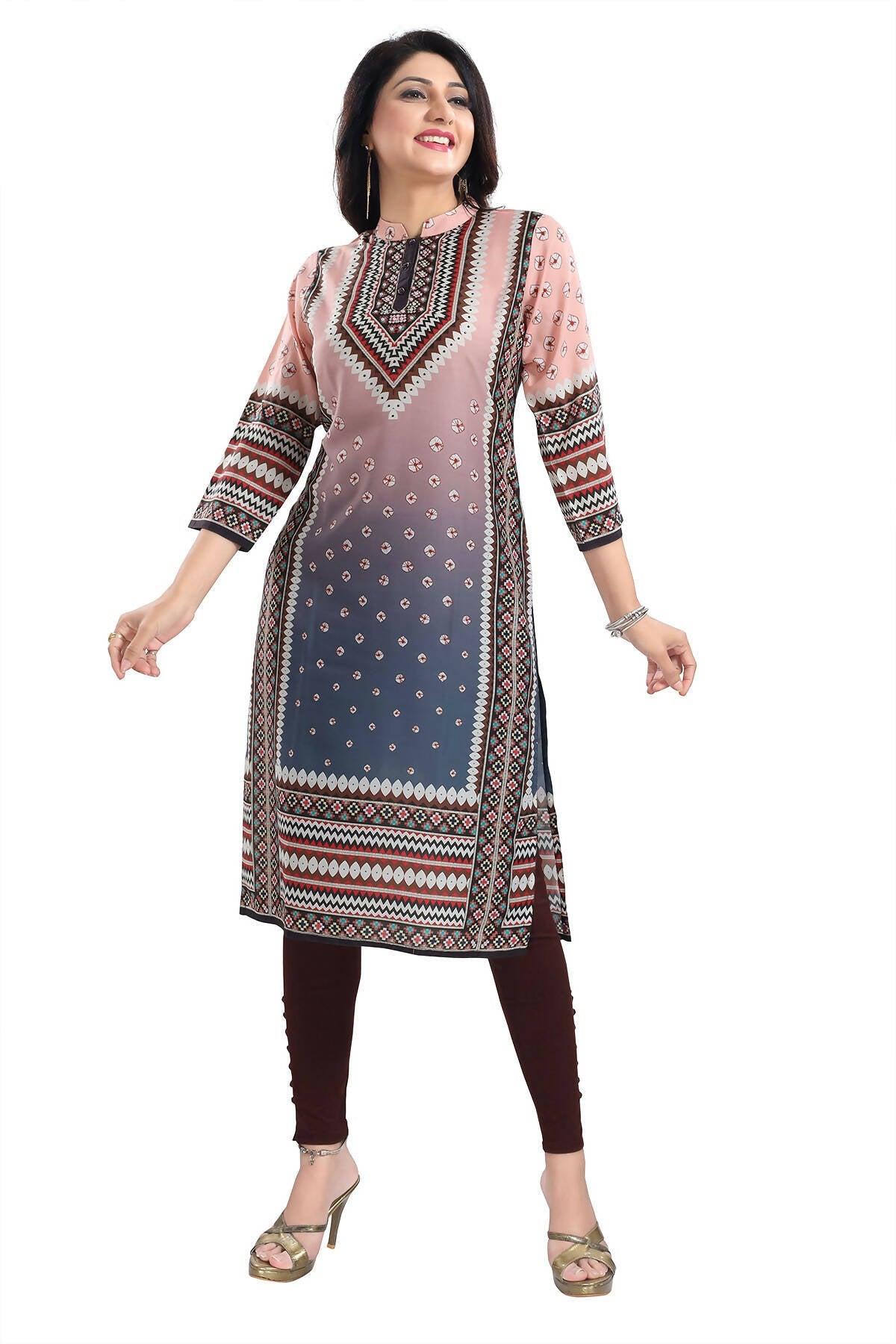Snehal Creations Pinky Peach Designer Digital Print Masleen Fabric Long Kurti Tunic