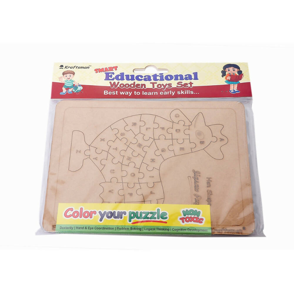 Kraftsman English Alphabets Wooden Jigsaw Puzzles Hen/Cock Shape Puzzle | Color Kit Included