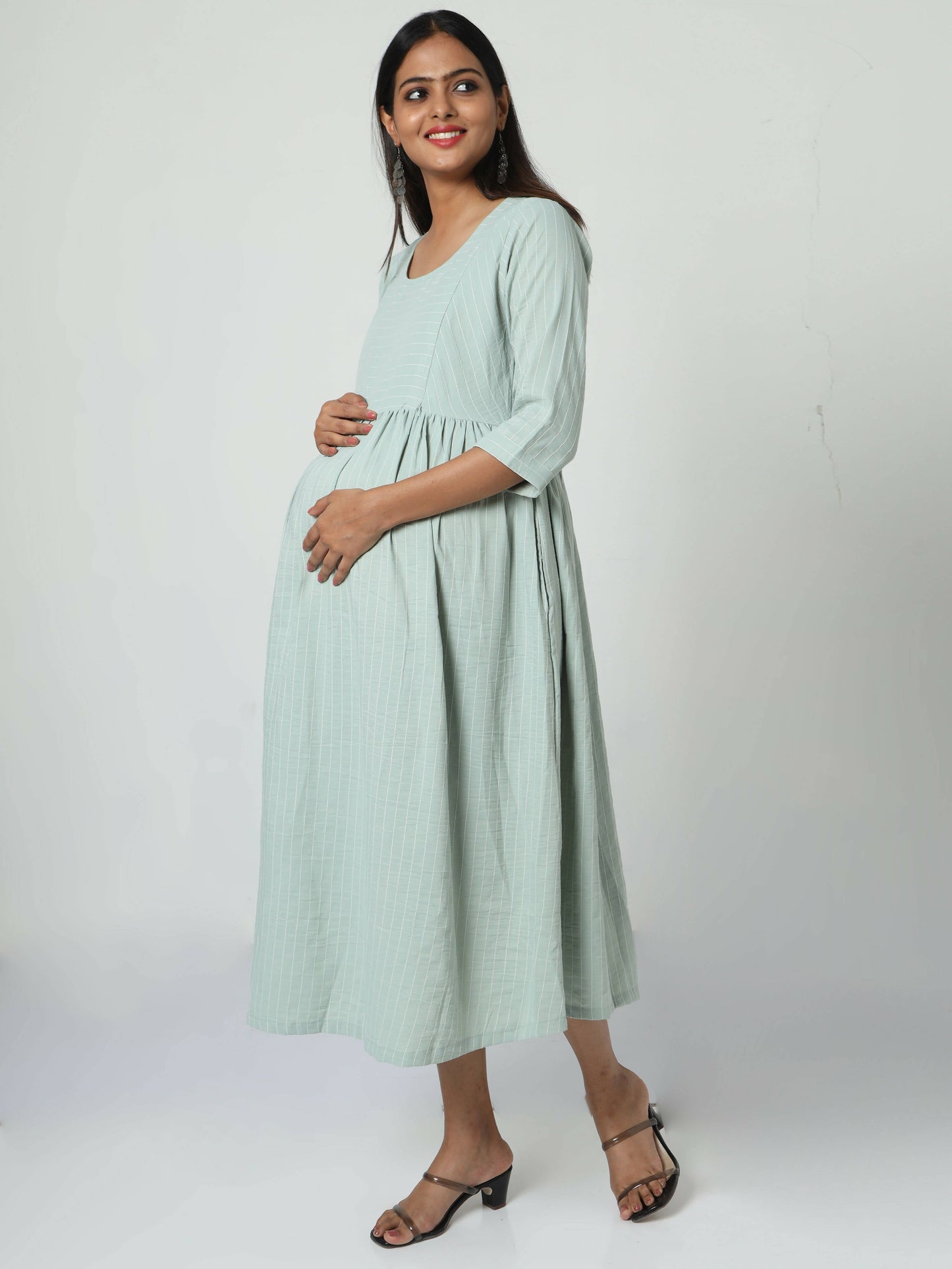 Manet Three Fourth Maternity Dress Striped With Concealed Zipper Nursing Access - Pista Green